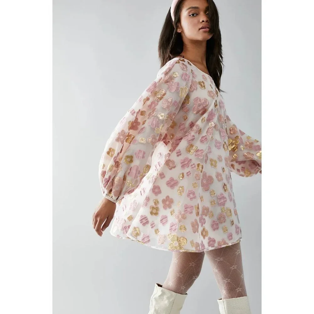 NWT Arianne Elmy Good Luck Mini in Pink Floral Organza Swing Dress L $435 - Picture 2 of 16